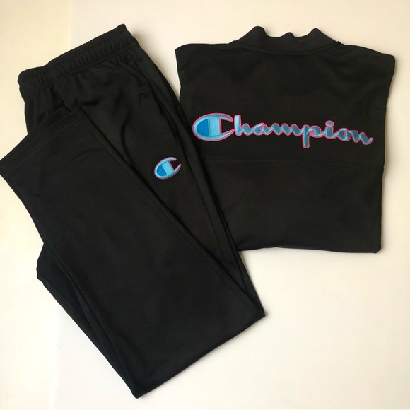Champion Other - Champion Men’s Zip-up Tracksuit Black With Blue And Pink Lettering - Size XL